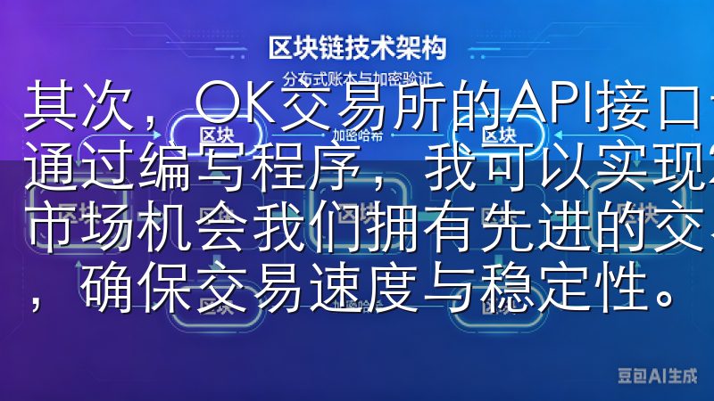 其次，OK交易所的API接口让我能够自动化我的交易策略，通过编写程序，我可以实现24小时不间断的交易，捕捉更多的市场机会我们拥有先进的交易技术，支持多种主流加密货币交易，确保交易速度与稳定性。